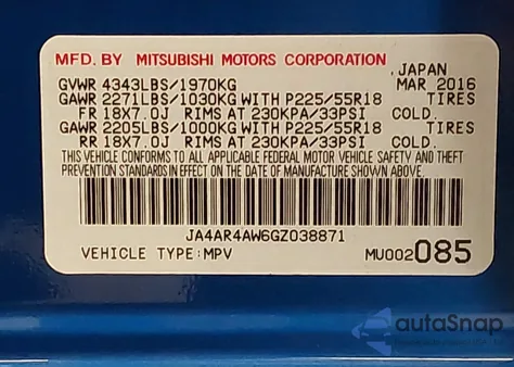 2016 Mitsubishi Outlander Sport 2.4 Sel z USA, uszkodzony, nr VIN JA4AR4AW6GZ038871